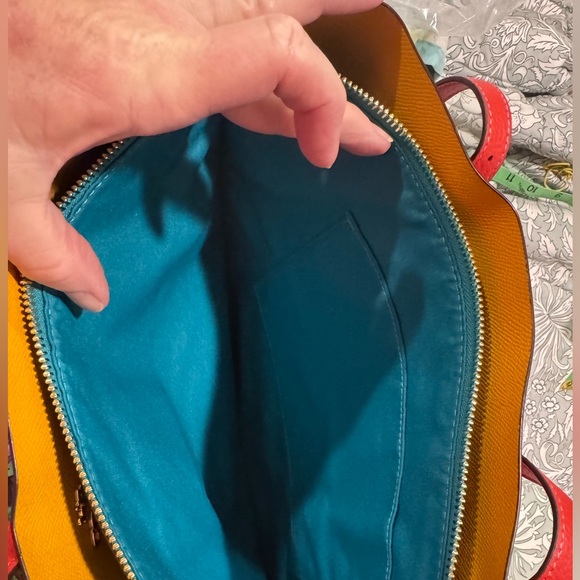Coach Red /Orange Tote Bag; Lg., beautiful; NWOT; yellow and teal interior. - Picture 8 of 12